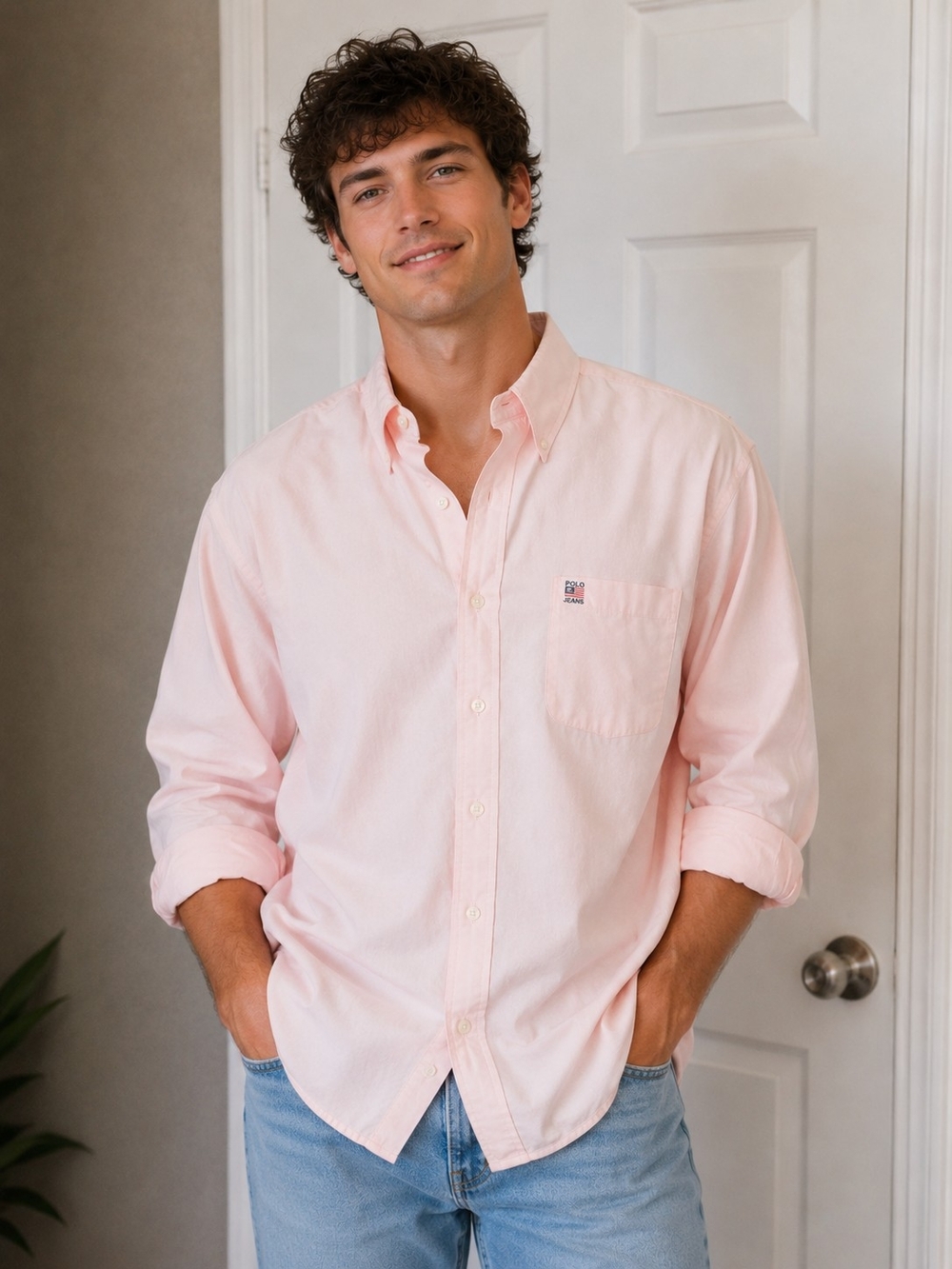 Vintage 90s Ralph Lauren Polo Jeans Co Pink Oxford Shirt Men's L Long Sleeve
